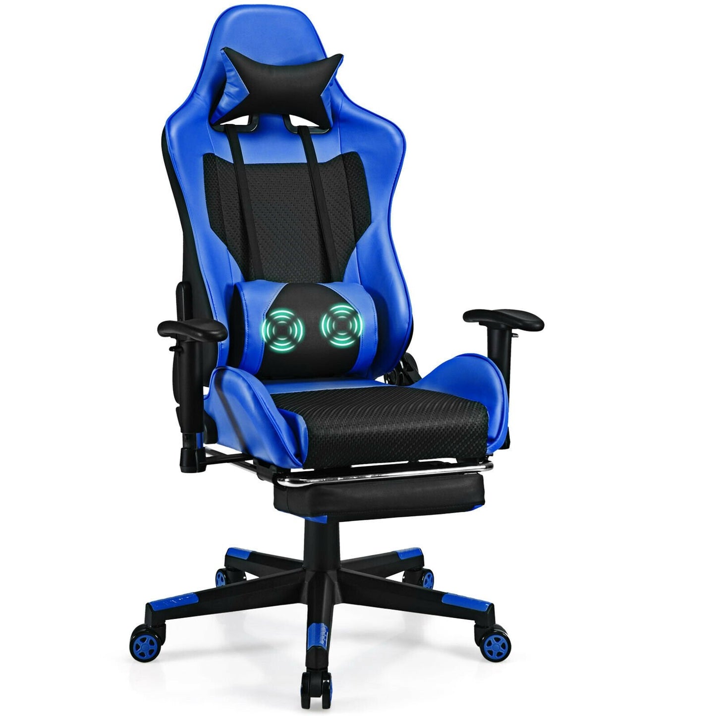 PU Leather Gaming Chair with USB Massage Lumbar Pillow and Footrest-Blue