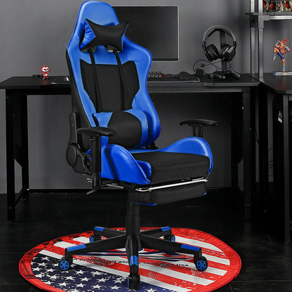 PU Leather Gaming Chair with USB Massage Lumbar Pillow and Footrest-Blue