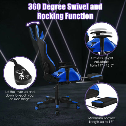 PU Leather Gaming Chair with USB Massage Lumbar Pillow and Footrest-Blue