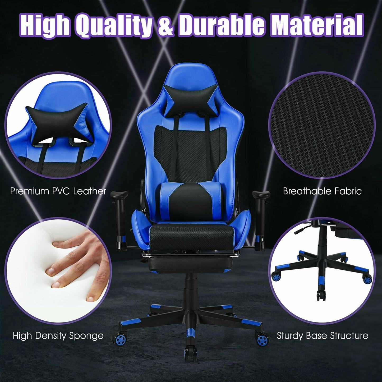 PU Leather Gaming Chair with USB Massage Lumbar Pillow and Footrest-Blue