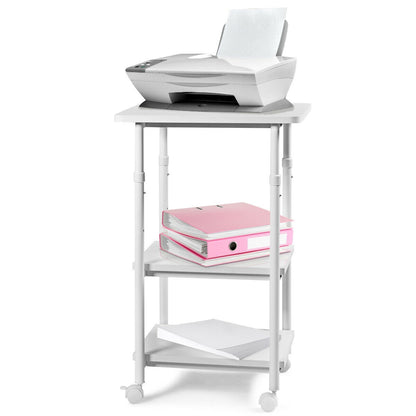 3-tier Adjustable Printer Stand with 360° Swivel Casters-White