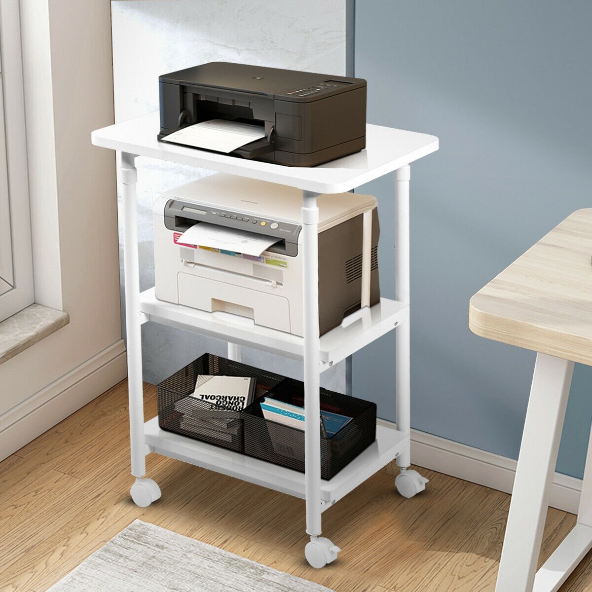 3-tier Adjustable Printer Stand with 360° Swivel Casters-White