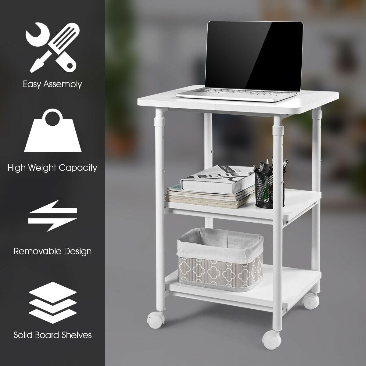 3-tier Adjustable Printer Stand with 360° Swivel Casters-White