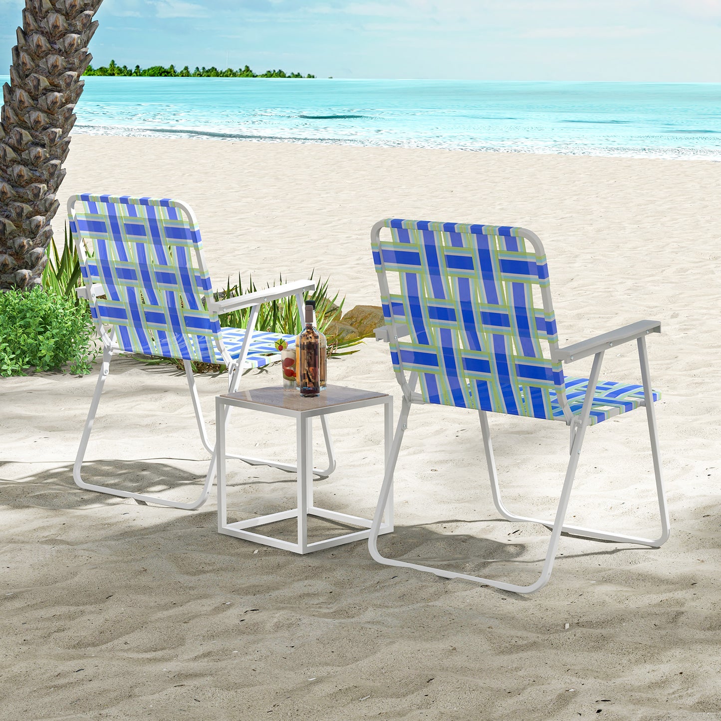 2 Pieces Folding Beach Chair Camping Lawn Webbing Chair-Blue