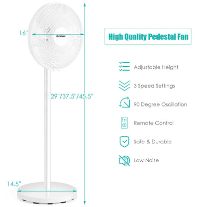 16 Inch Oscillating Pedestal 3-Speed Adjustable Height Fan with Remote Control-White