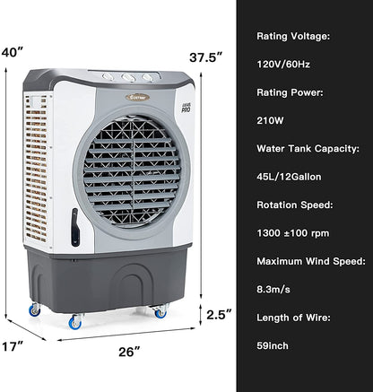 4-in-1 Industrial Evaporative Air Cooler Fan with 12 Gallon Tank and Wheels-Gray