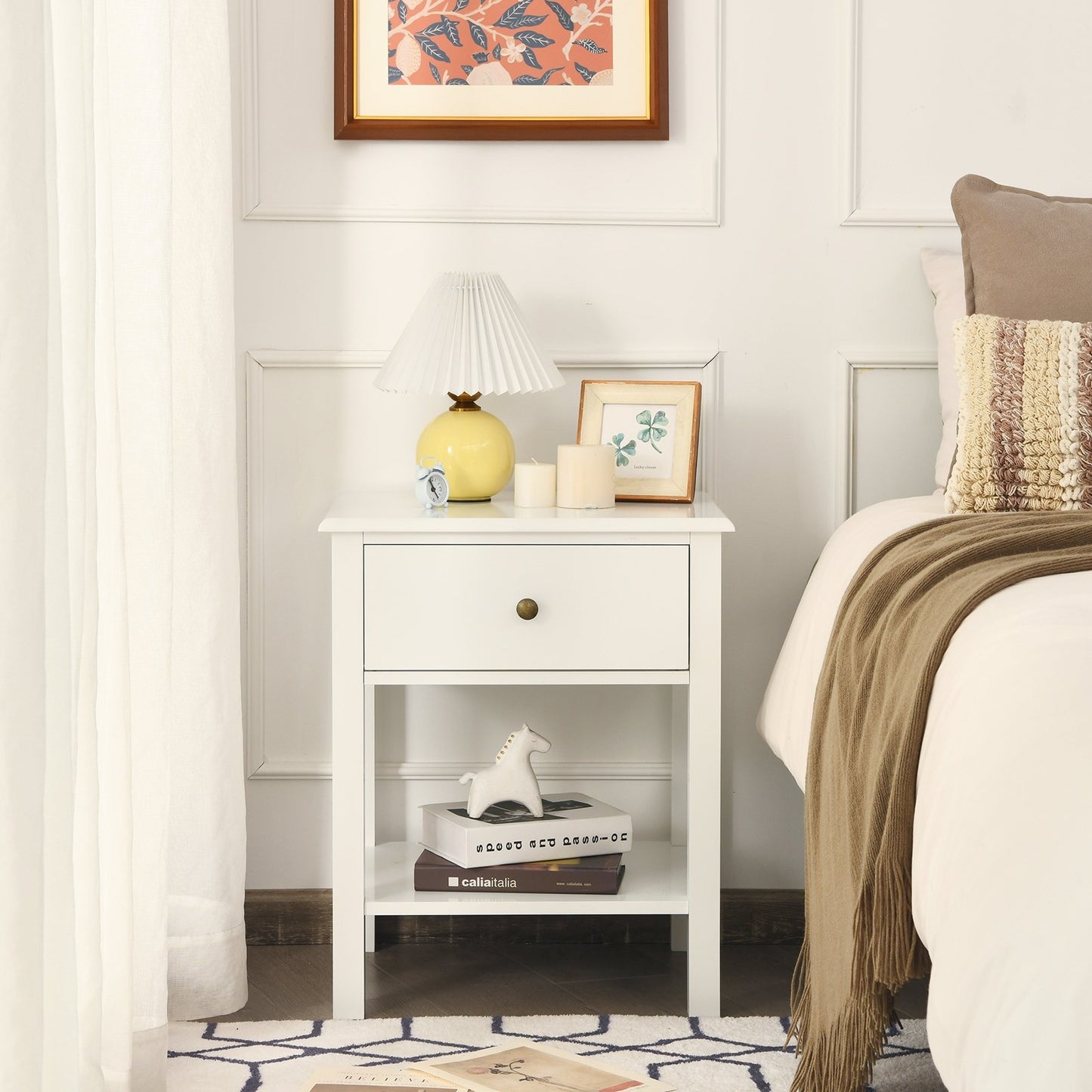 Nightstand End Table with Drawer and Shelf-Black