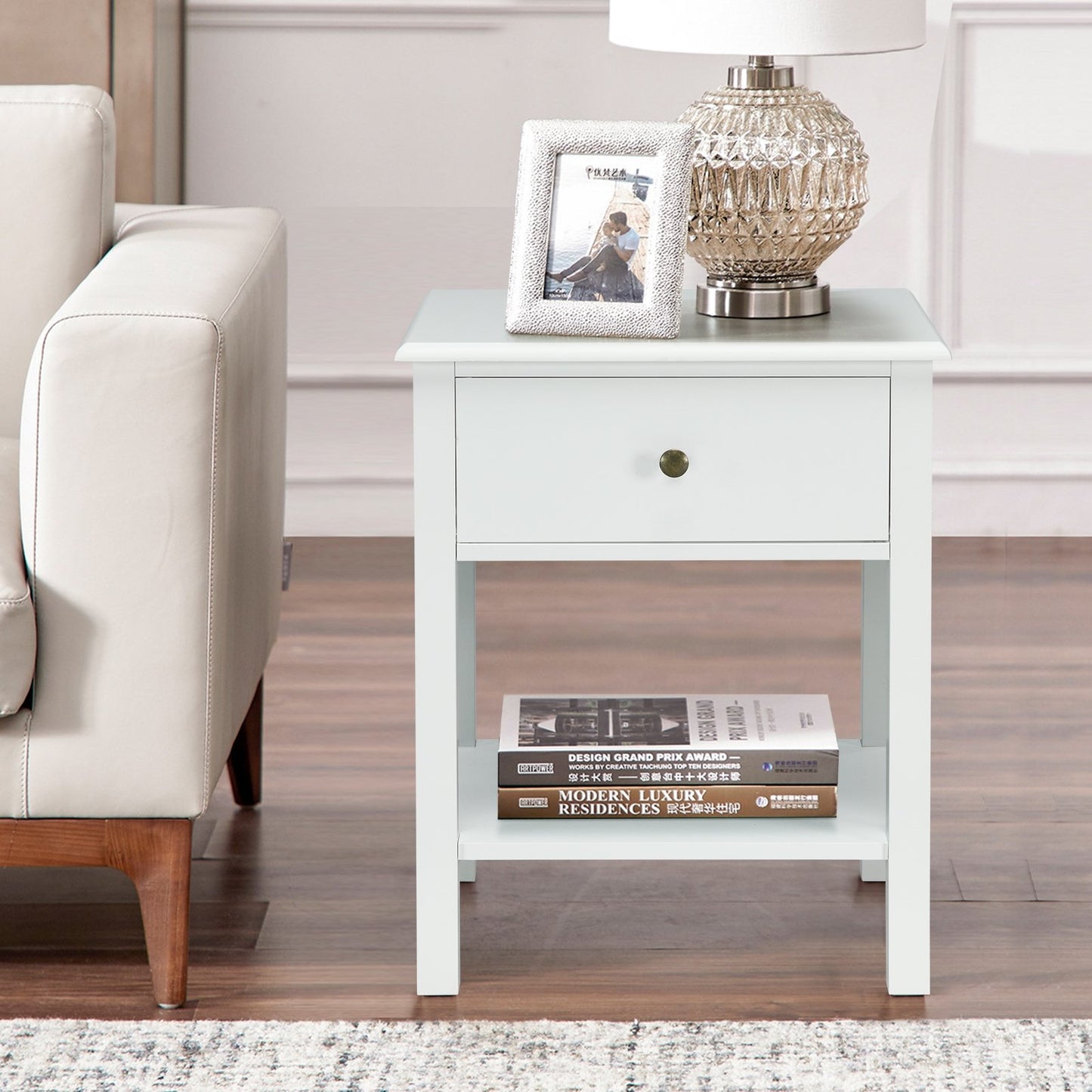Nightstand End Table with Drawer and Shelf-Black