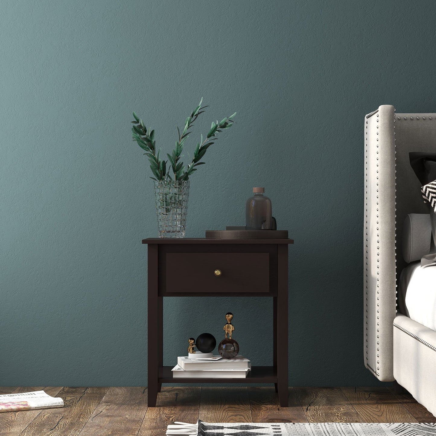 Nightstand with Drawer and Storage Shelf for Bedroom Living Room-Black