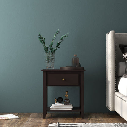 Nightstand with Drawer and Storage Shelf for Bedroom Living Room-Black
