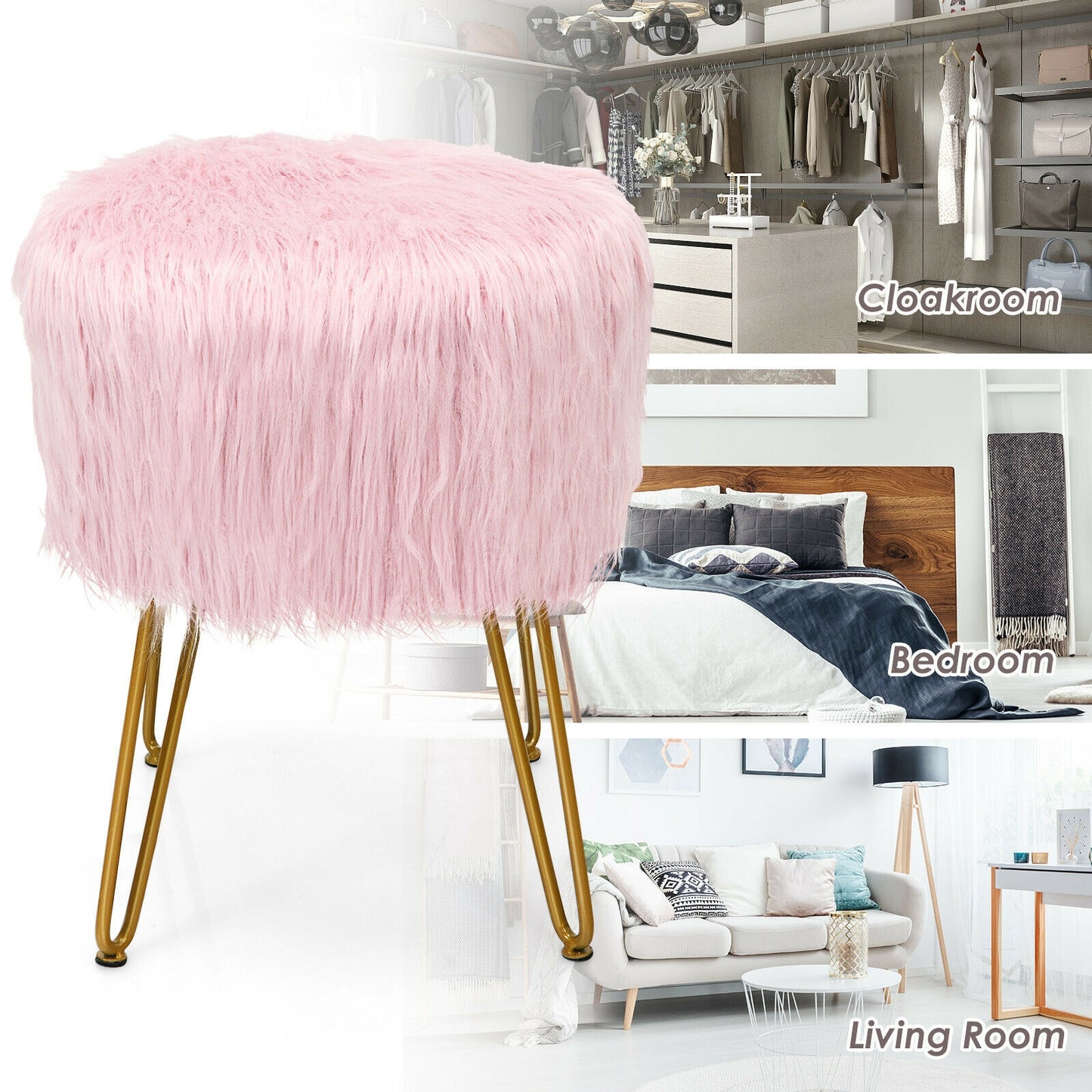 Faux Fur Vanity Stool Chair with Metal Legs for Bedroom and Living Room-Pink