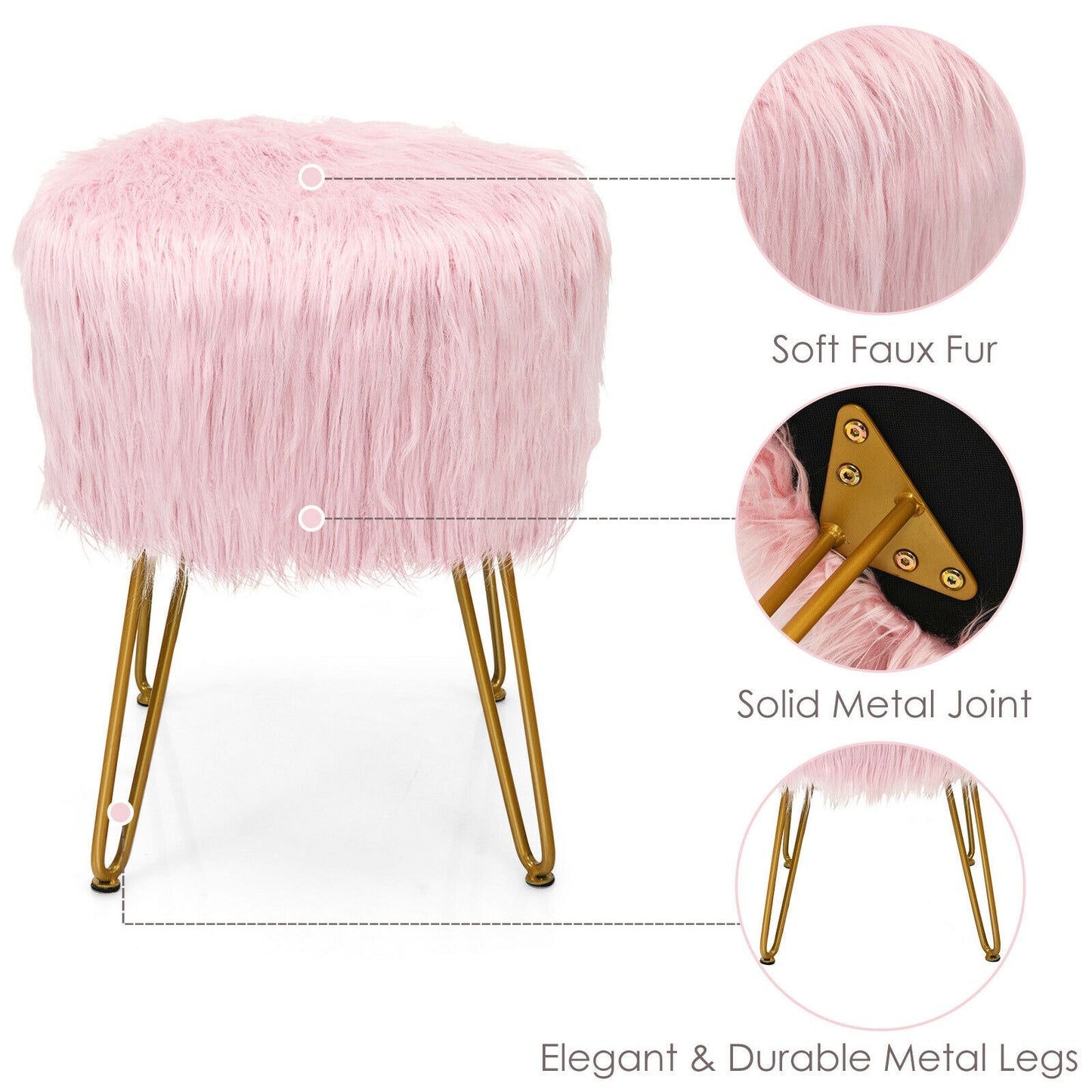 Faux Fur Vanity Stool Chair with Metal Legs for Bedroom and Living Room-Pink