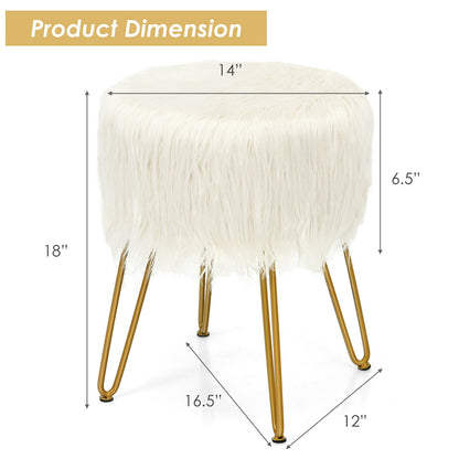 Faux Fur Vanity Stool Chair with Metal Legs for Bedroom and Living Room-White