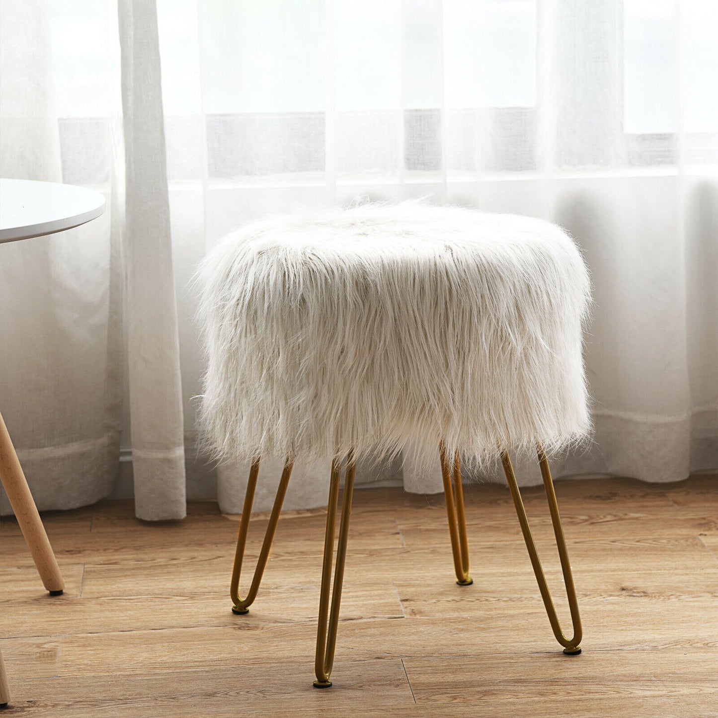 Faux Fur Vanity Stool Chair with Metal Legs for Bedroom and Living Room-White