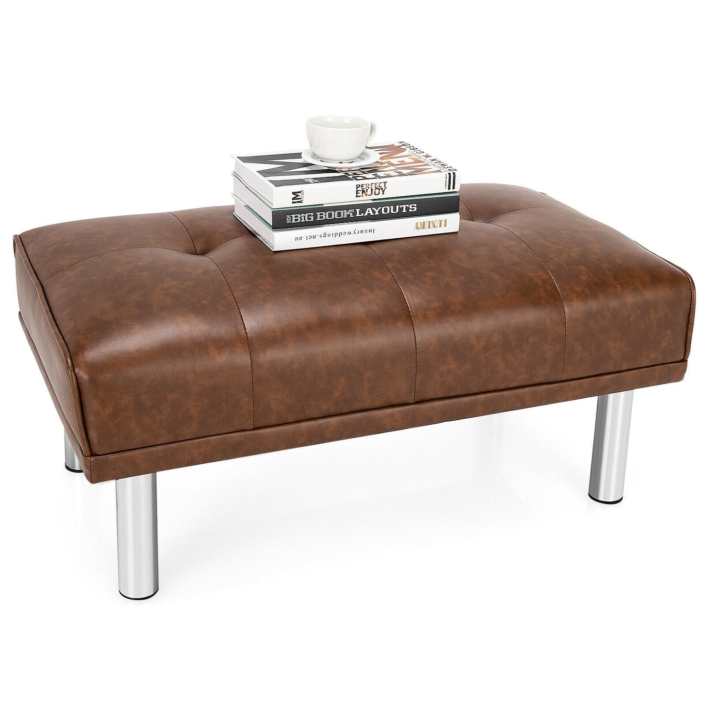 Rectangle Tufted Ottoman with Stainless Steel Legs for Living Room-Brown
