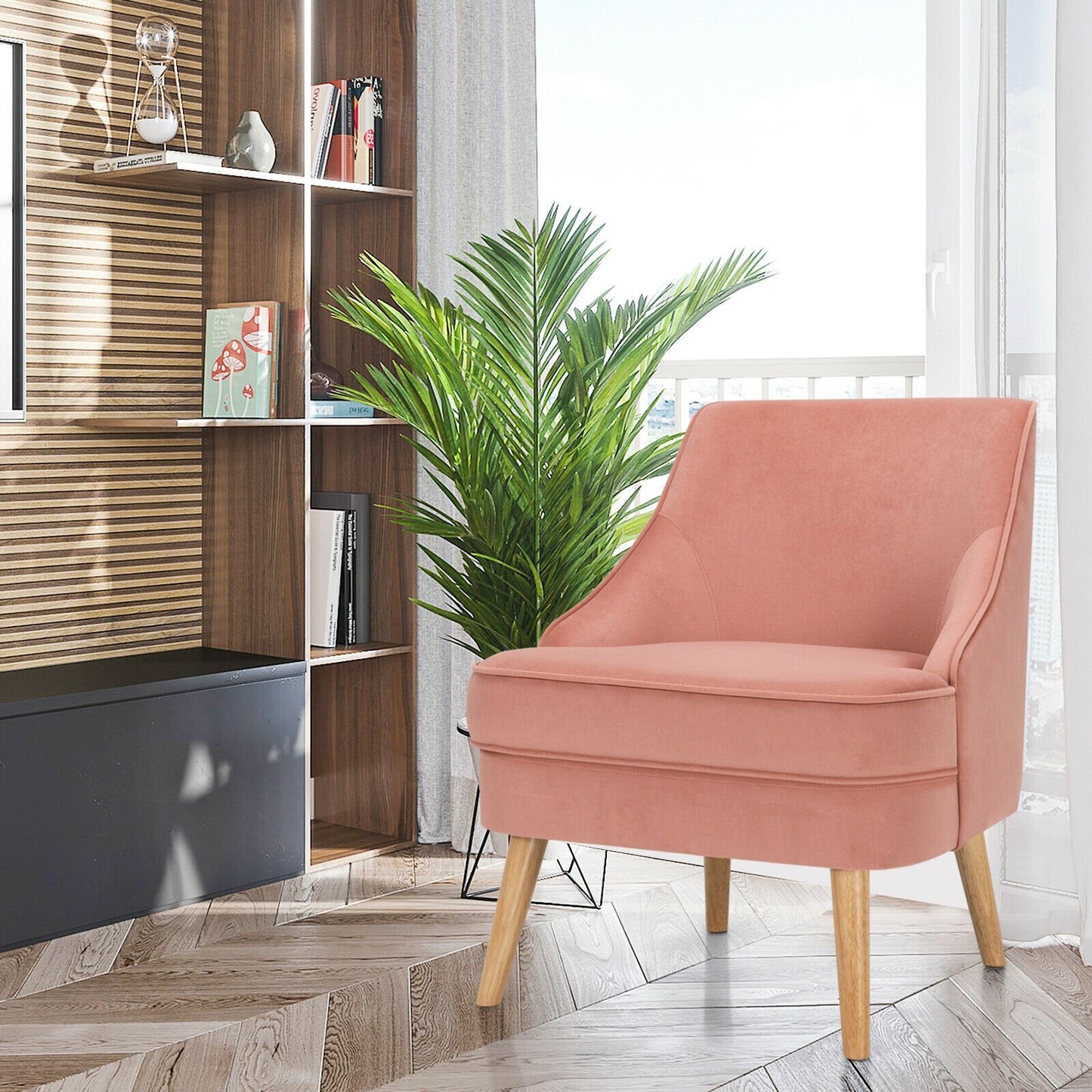 Mid Century Velvet Accent Chair with Rubber Wood Legs for Bedroom-Gray