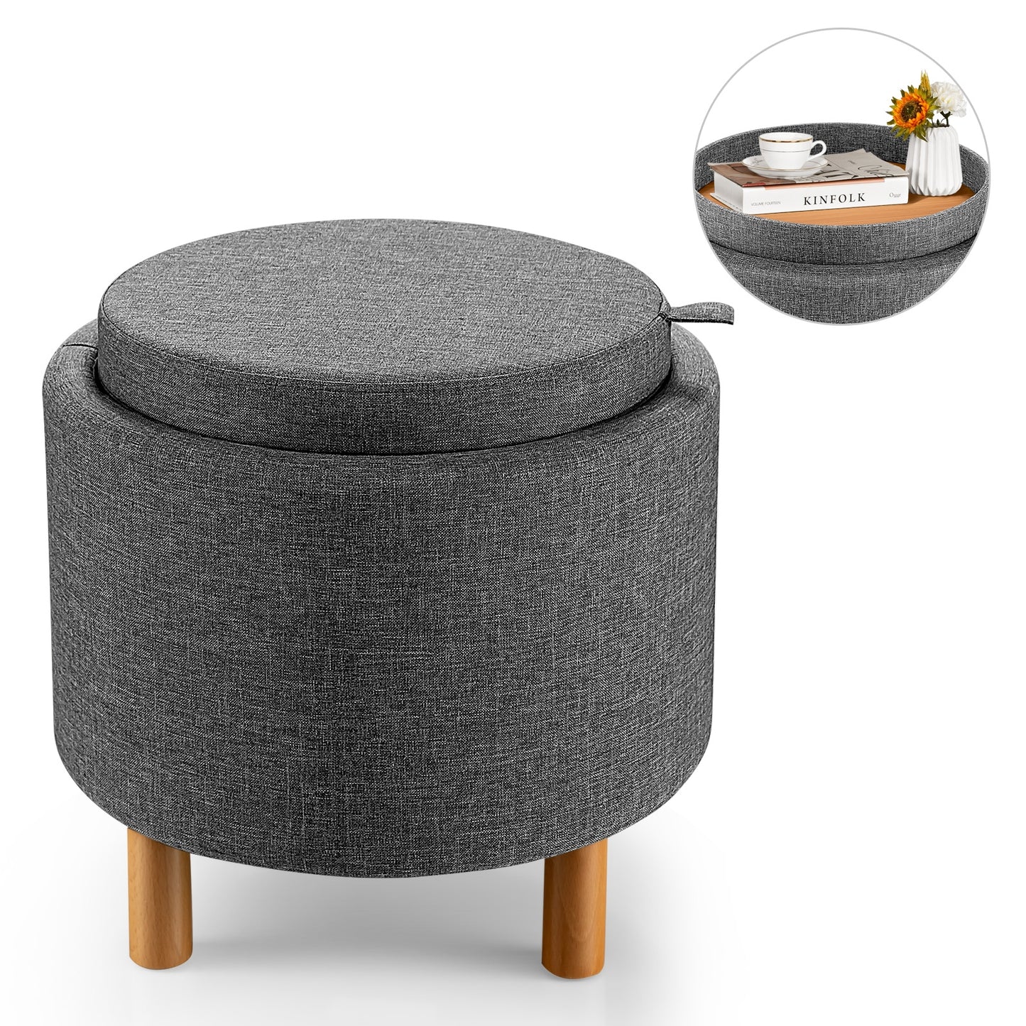 Round Fabric Storage Ottoman with Tray and Non-Slip Pads for Bedroom-Gray