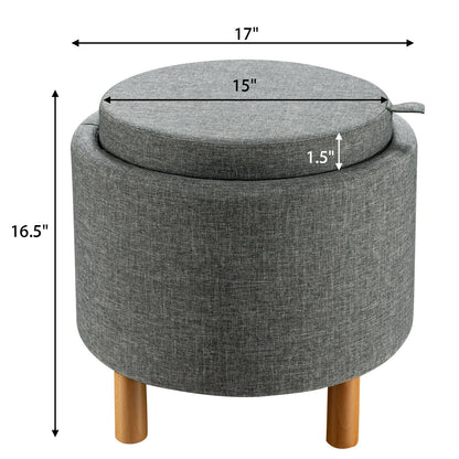 Round Fabric Storage Ottoman with Tray and Non-Slip Pads for Bedroom-Gray