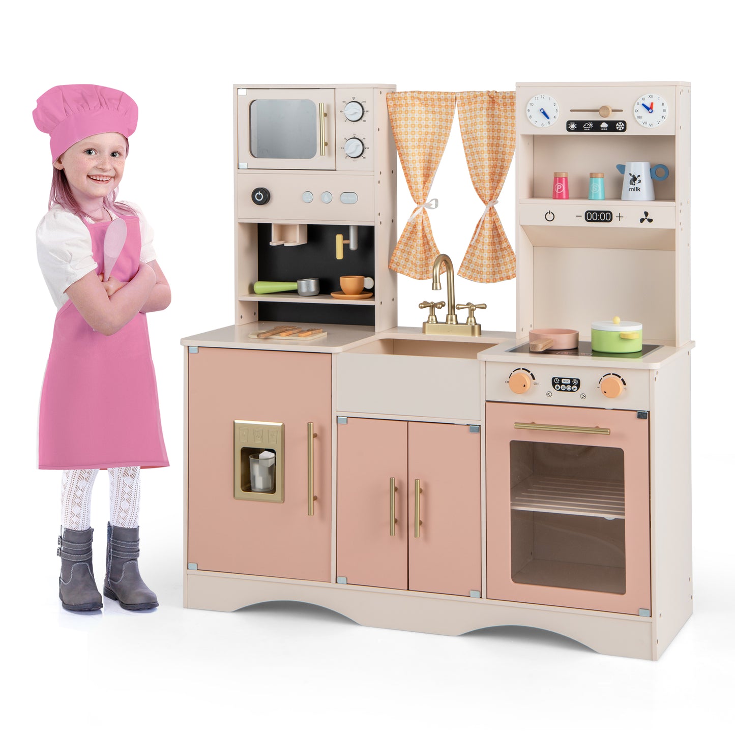 Kids Kitchen Playset with Microwave and Coffee Maker for Ages 3+-Pink