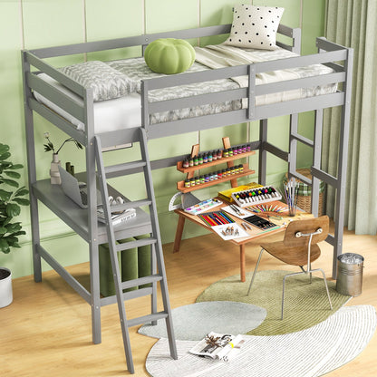 Twin Size Loft Bed Frame with Desk Angled and Built-in Ladder-Dark Brown