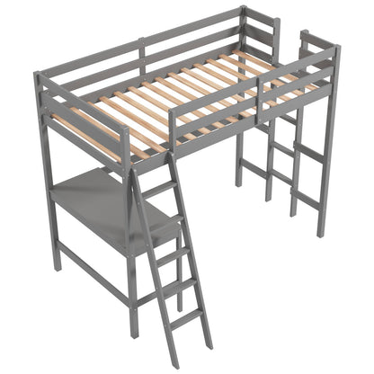 Twin Size Loft Bed Frame with Desk Angled and Built-in Ladder-Dark Brown
