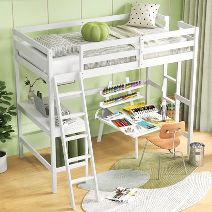 Twin Size Loft Bed Frame with Desk Angled and Built-in Ladder-Dark Brown