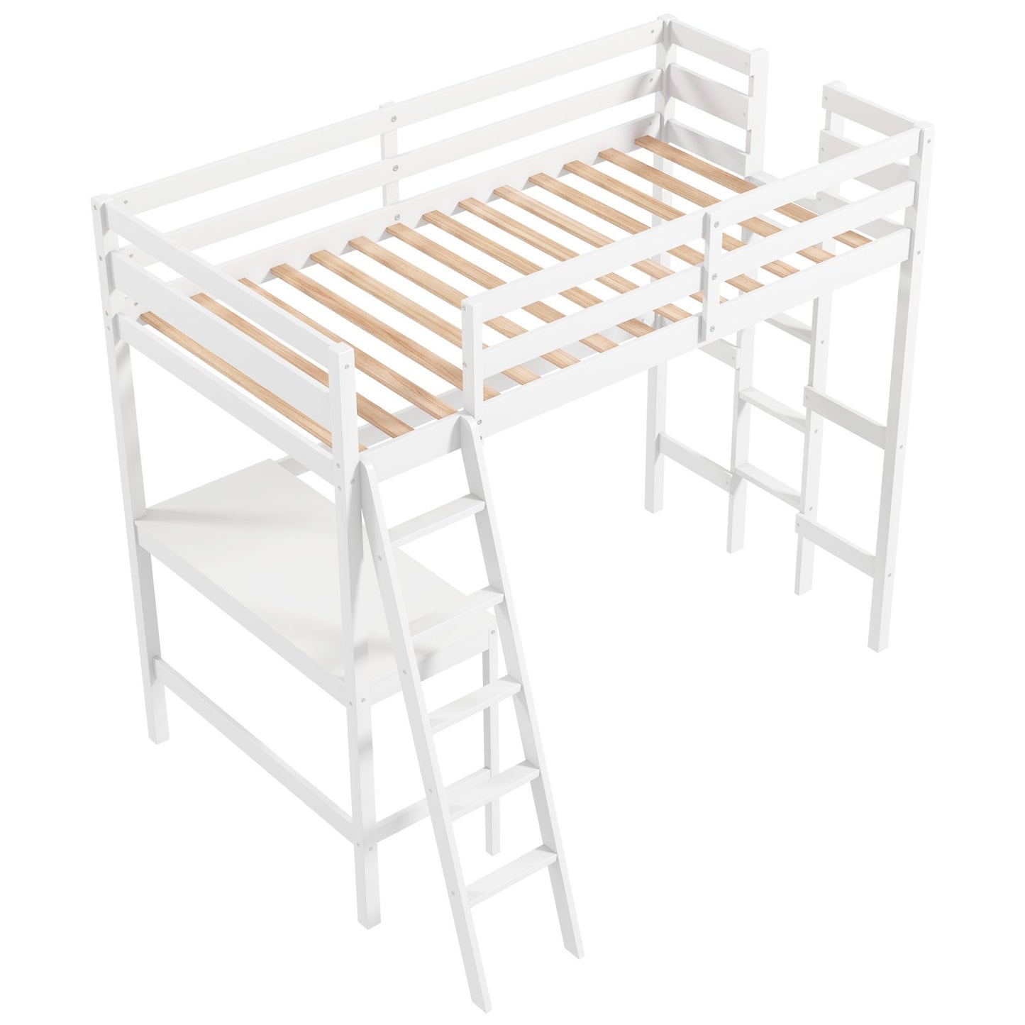 Twin Size Loft Bed Frame with Desk Angled and Built-in Ladder-Dark Brown