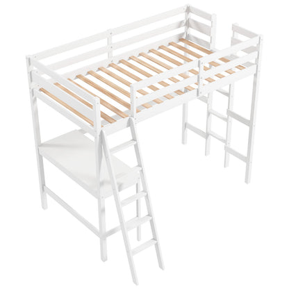 Twin Size Loft Bed Frame with Desk Angled and Built-in Ladder-Dark Brown