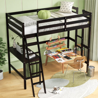 Twin Size Loft Bed Frame with Desk Angled and Built-in Ladder-Dark Brown