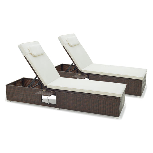 Patio Chaise Lounge Set of 2 with Backrest  Seat Cushion and Headrest for Backyard  Poolside-Off White