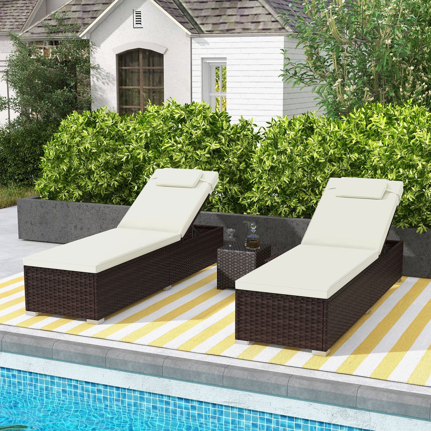 Patio Chaise Lounge Set of 2 with Backrest  Seat Cushion and Headrest for Backyard  Poolside-Off White