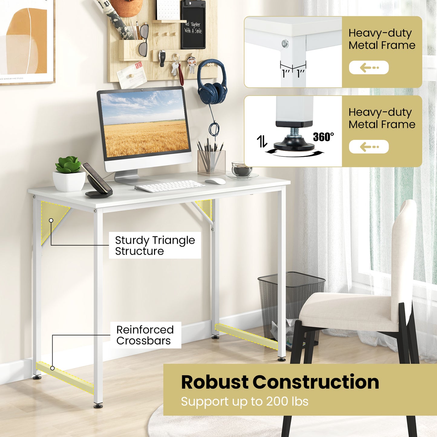 40 Inch Small Computer Desk with Heavy-duty Metal Frame-White