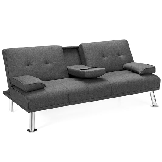 Convertible Folding Futon Sofa Bed Fabric with 2 Cup Holders-Dark Gray
