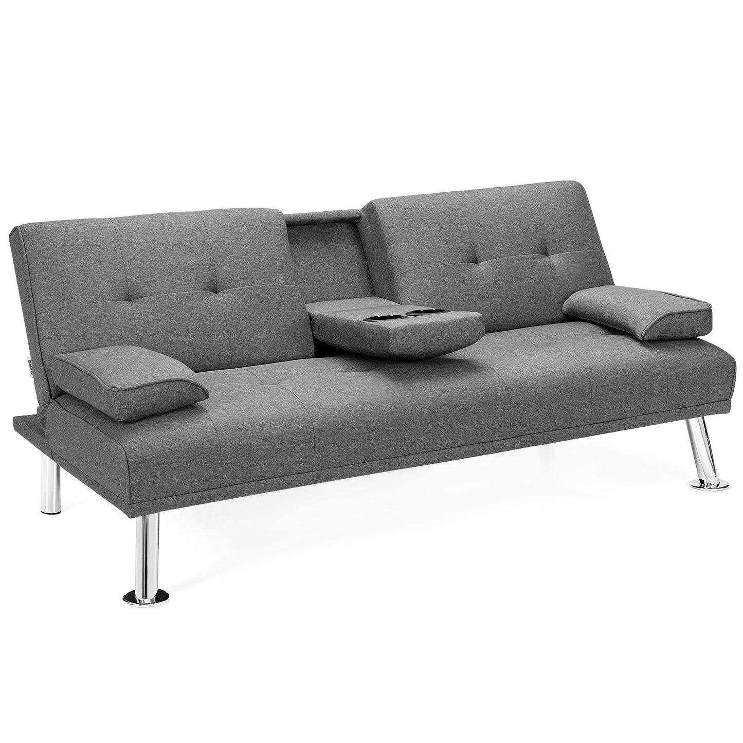 Convertible Folding Futon Sofa Bed Fabric with 2 Cup Holders-Dark Gray