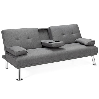 Convertible Folding Futon Sofa Bed Fabric with 2 Cup Holders-Dark Gray