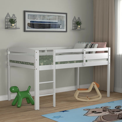 Wooden Twin Low Loft Bunk Bed with Guard Rail and Ladder-Dark Brown