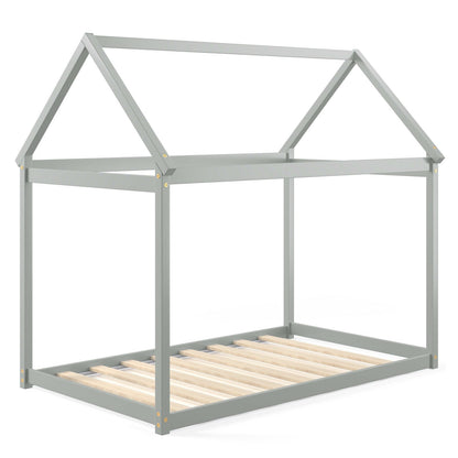 Stable Kids Platform Floor Bed with Roof and Heavy-Duty Slats-Espresso