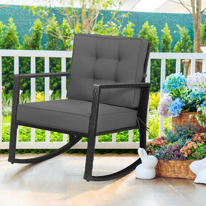 Patio Rattan Rocker Outdoor Glider Rocking Chair Cushion Lawn-Gray