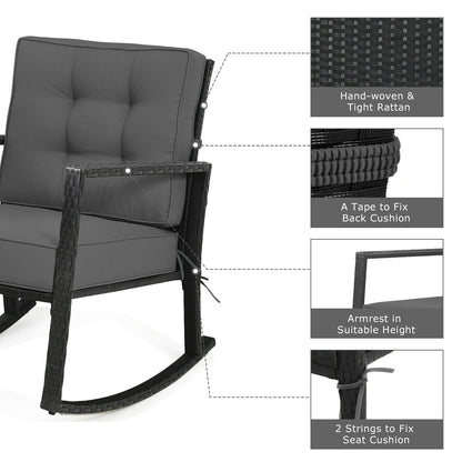Patio Rattan Rocker Outdoor Glider Rocking Chair Cushion Lawn-Gray