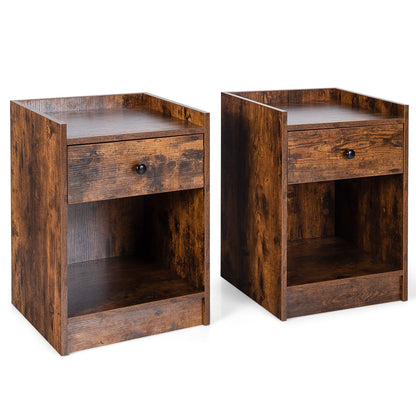 Set of 2 Nightstand with Drawer Cabinet End Side Table Raised Top-Black