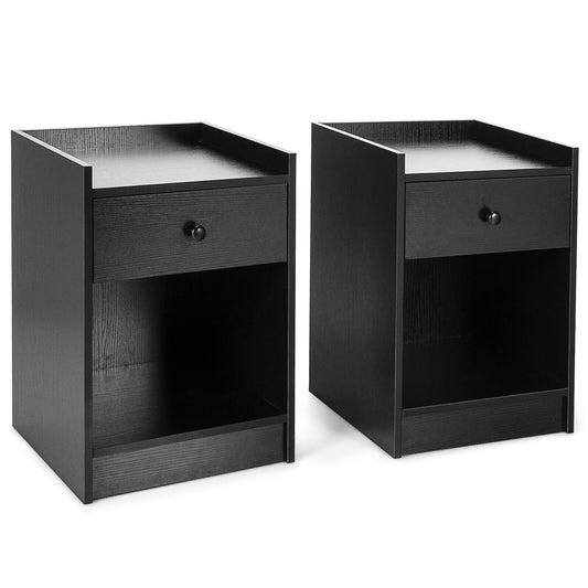 Set of 2 Nightstand with Drawer Cabinet End Side Table Raised Top-Black