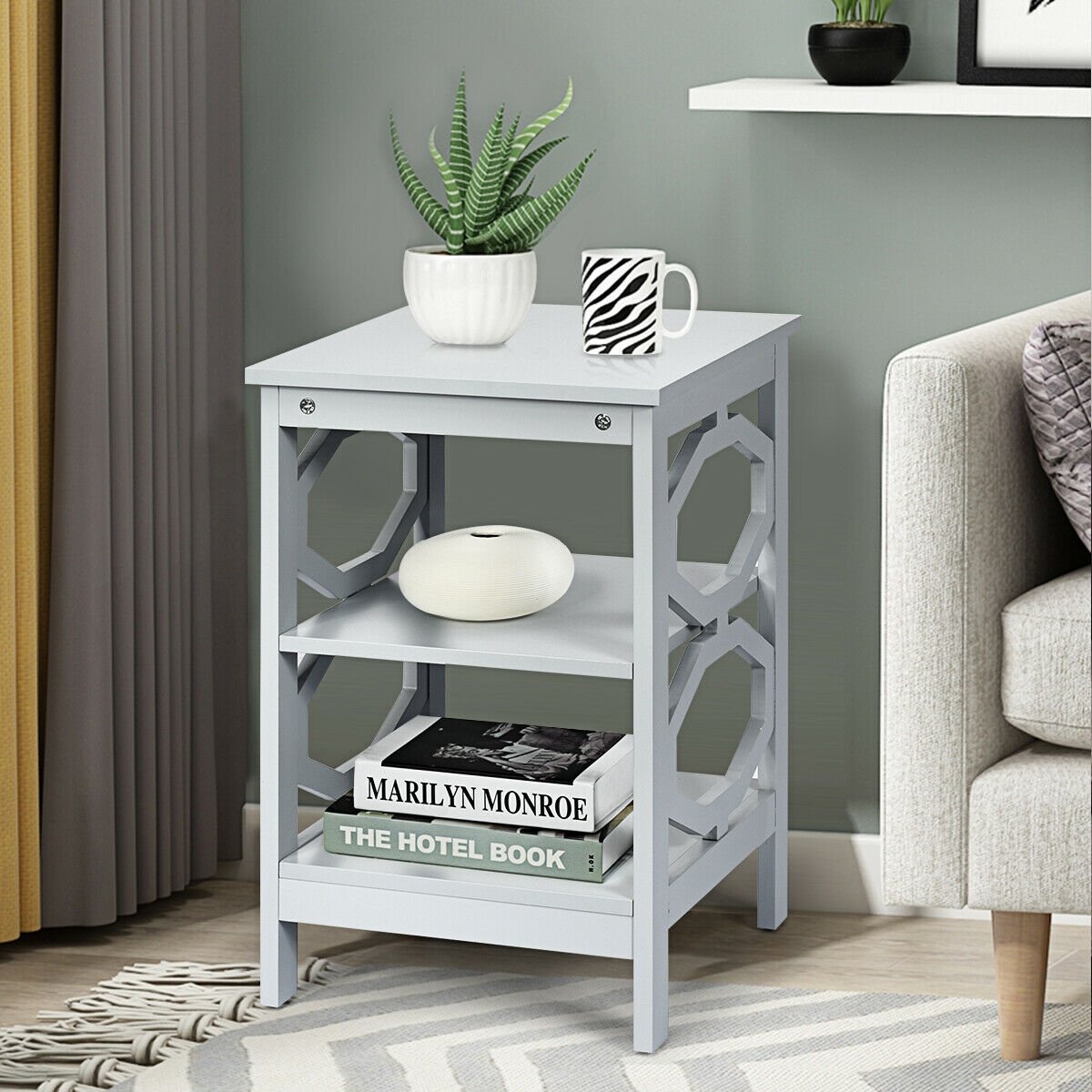 2 Pieces 3-tier Nightstand Sofa Side End Accent Table Storage Display Shelf-Black