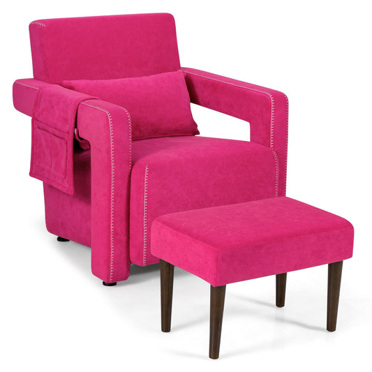 Modern Berber Fleece Single Sofa Chair with Ottoman and Waist Pillow-Red