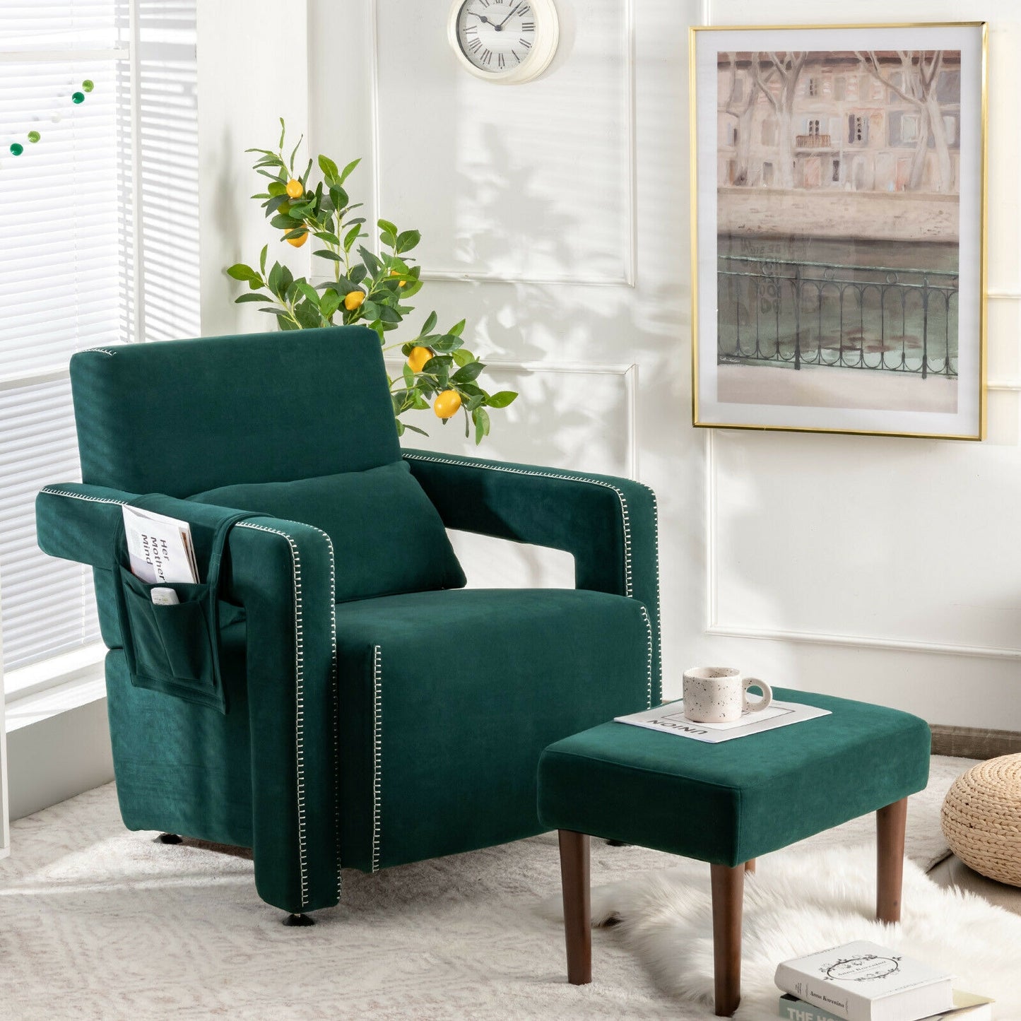 Modern Berber Fleece Single Sofa Chair with Ottoman and Waist Pillow-Black