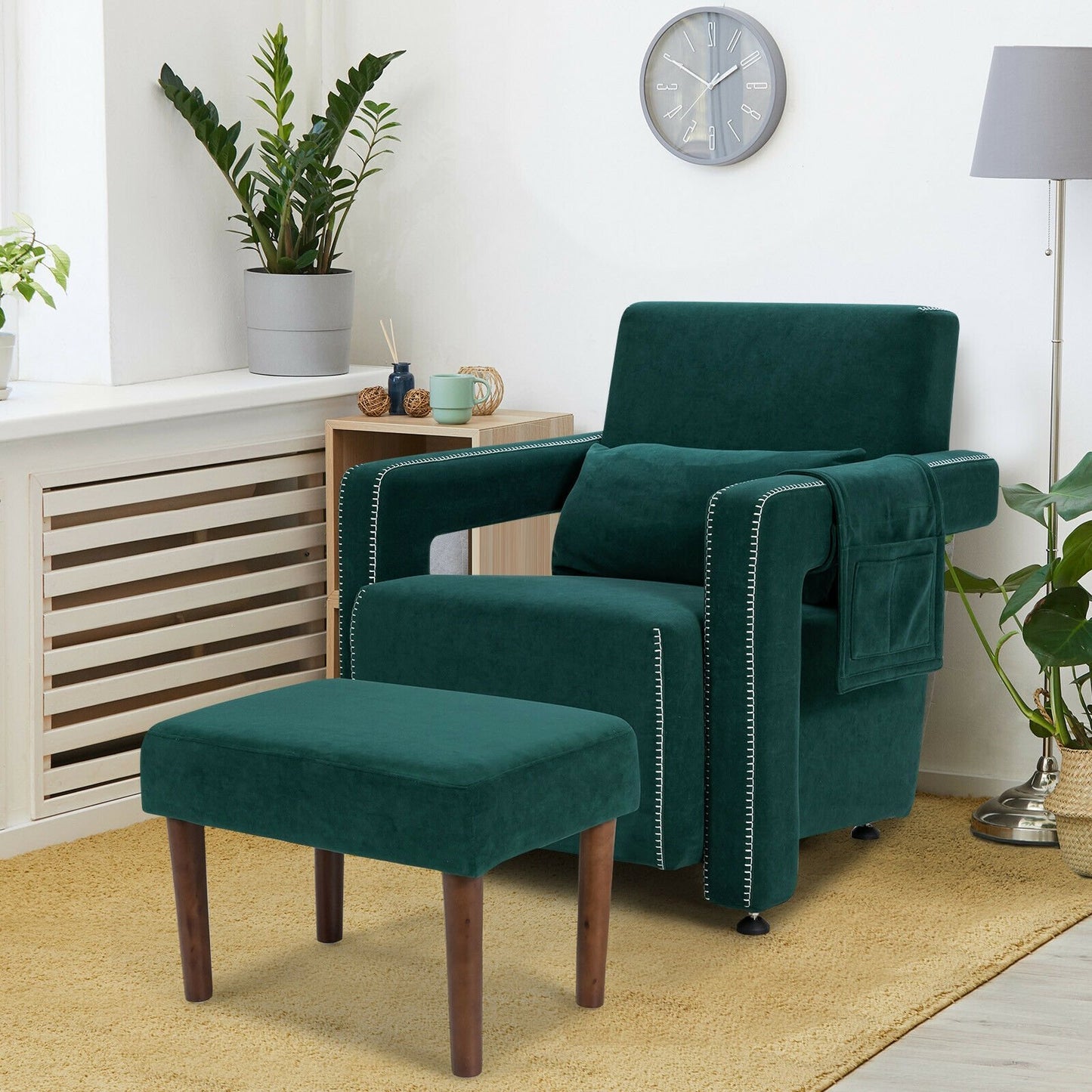Modern Berber Fleece Single Sofa Chair with Ottoman and Waist Pillow-Black