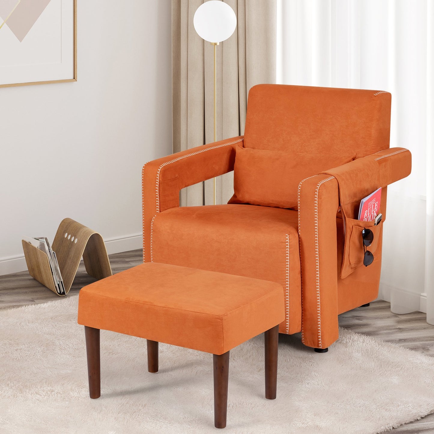 Modern Berber Fleece Single Sofa Chair with Ottoman and Waist Pillow-Black