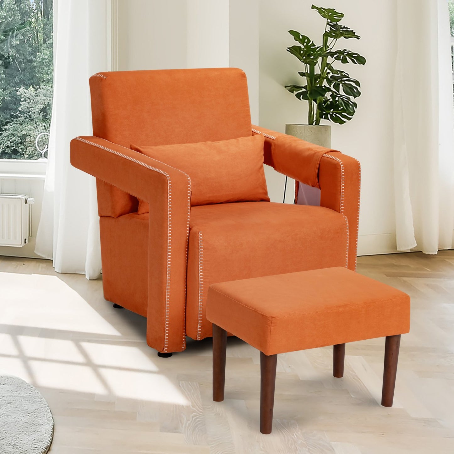 Modern Berber Fleece Single Sofa Chair with Ottoman and Waist Pillow-Black