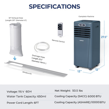 10000 BTU Portable Air Conditioner with Remote Control-Dark Blue