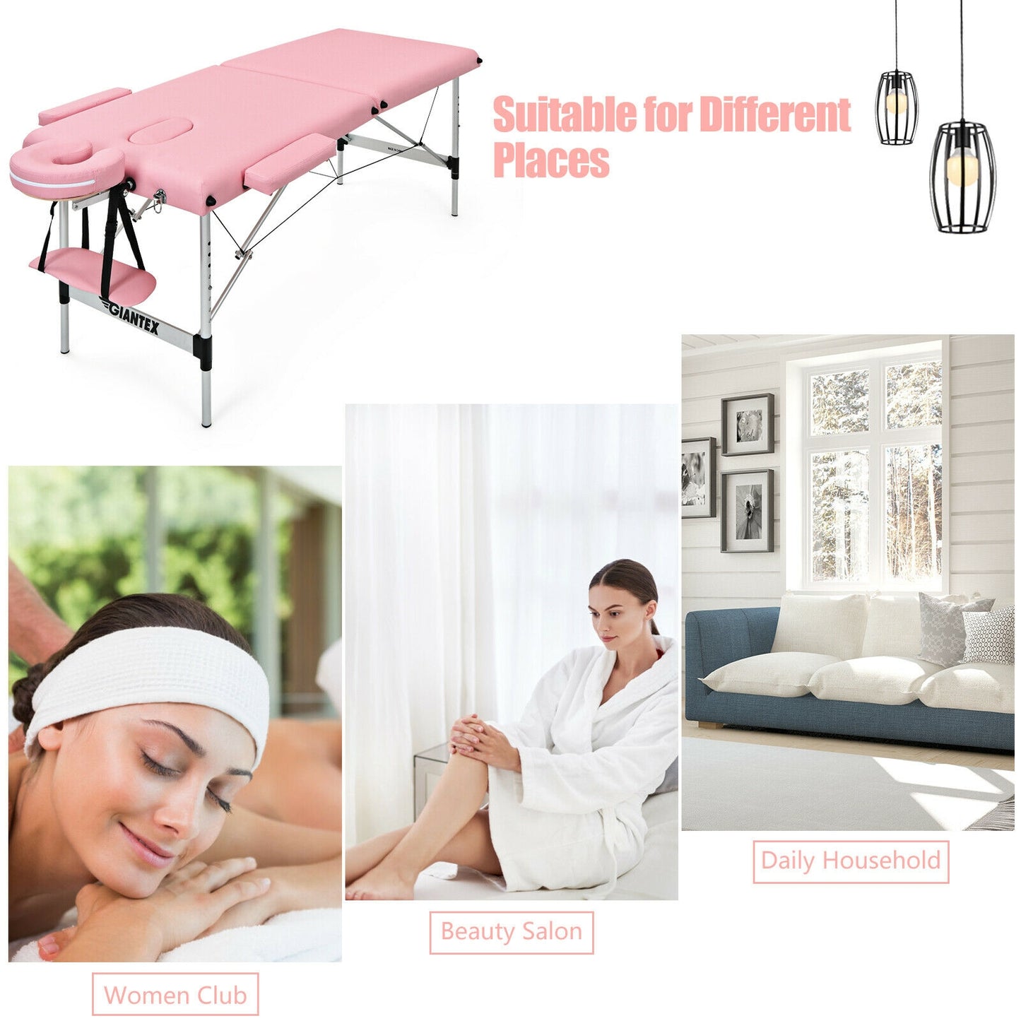 84 Inch L Portable Adjustable Massage Bed with Carry Case for Facial Salon Spa-Pink