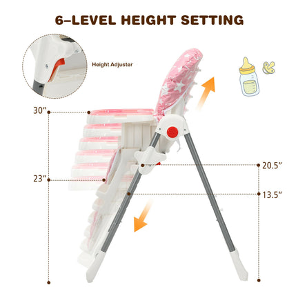 Folding Baby High Dining Chair with 6-Level Height Adjustment-Pink